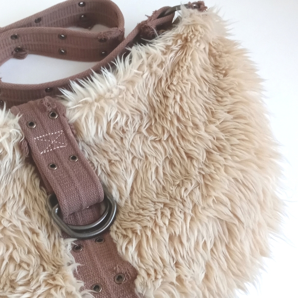 Vintage Faux Fur Burning Man Purse / Hobo Bag Thick Canvas Straps Brass Hardware - Picture 2 of 13